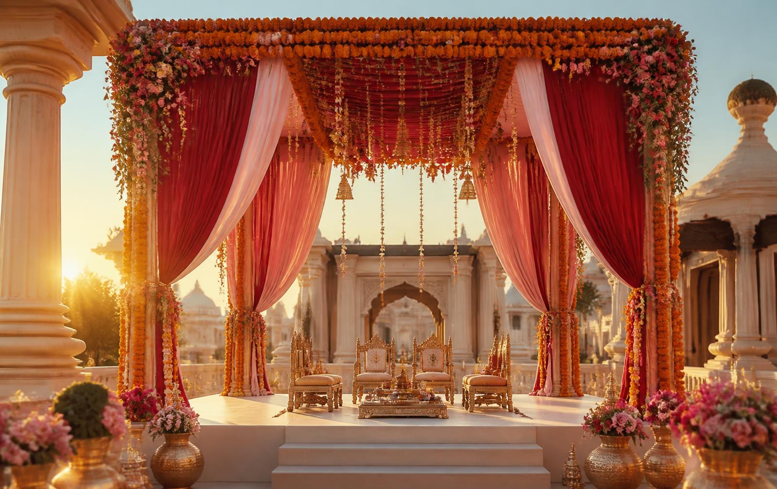 A cherry-red and gold mandap at golden hour